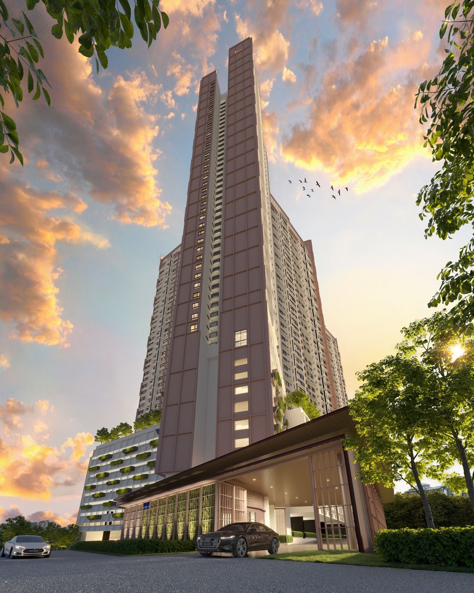 Queenswoodz Bukit Jalil towers and arrival porch at sunset, artist's impression