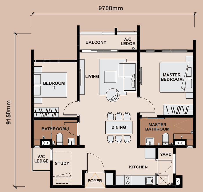 Queenswoodz Bukit Jalil Type A1 floor plan, 807 sq ft, 2+1 bedrooms, 2 bathrooms