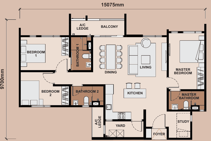 Queenswoodz Bukit Jalil Type C1 floor plan, 1,206 sq ft, 3+1 bedrooms, 3 bathrooms