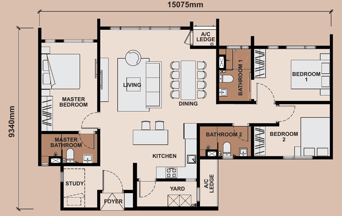 Queenswoodz Bukit Jalil Type C2 floor plan, 1,206 sq ft, 3+1 bedrooms, 3 bathrooms