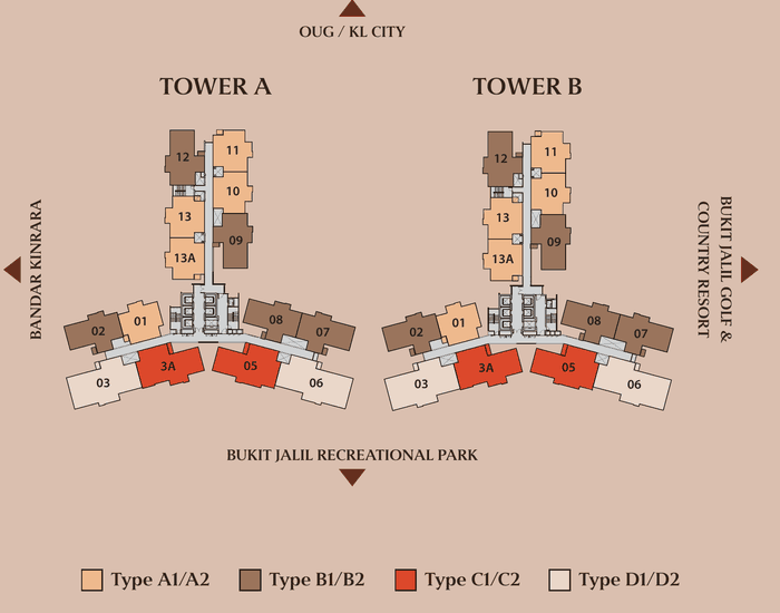 Queenswoodz Bukit Jalil key plan showing unit types in Tower A and Tower B